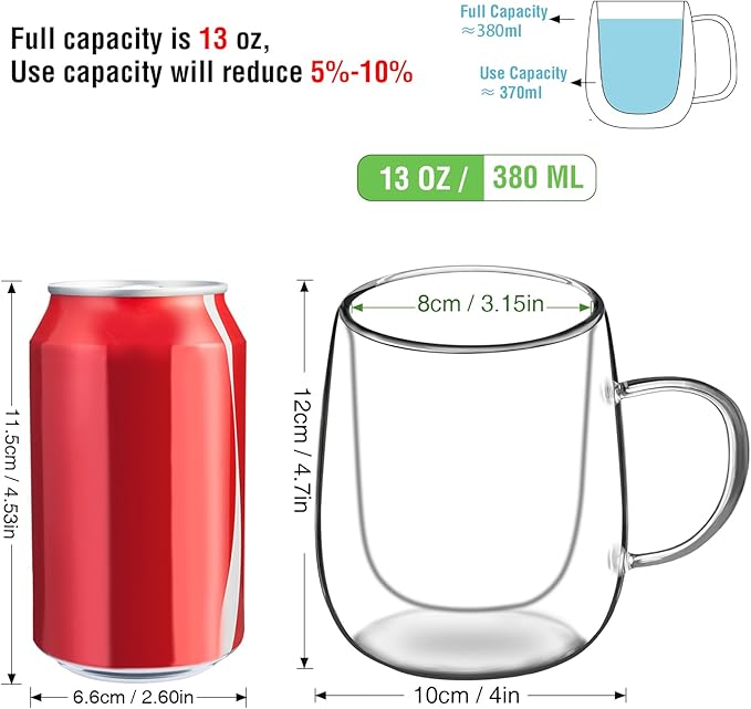 Glass Coffee Cups Set of 4, 13oz Double Walled Glass Mugs with Handles, Clear Insulated Coffee Mug Espresso Cups, Cappuccino Latte Tea Cups Set, Heat Resistant Borosilicate Clear Glasses