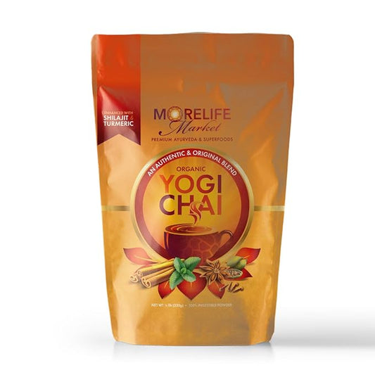 MoreLife Market Yogi Chai | Ayurvedic Turmeric & Shilajit Blend for Digestion, Immunity & Calm | Organic Herbal Tea Powder for Wellness | Caffeine-Free Traditional Indian Chai - 8oz (230g)