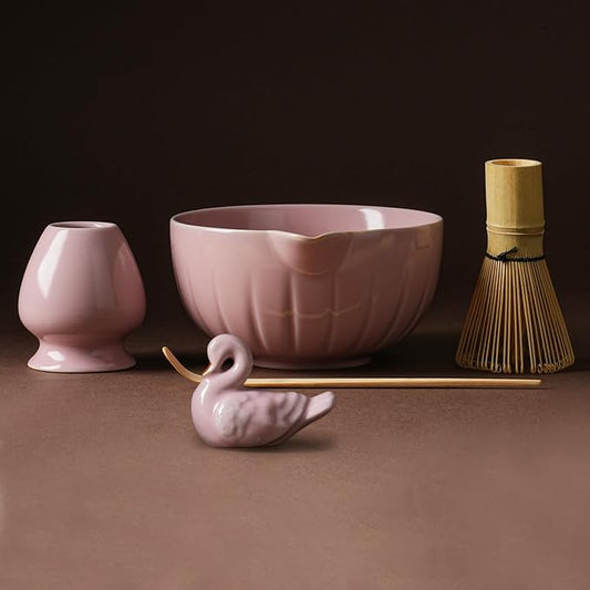 Matcha Whisk Set - 5PCS Japanese Tea Set Includes Matcha Bowl with Spout, Bamboo Whisk with Ceramic Holder, Bamboo Scoop and Sifter, Matcha Kit for Ceremony, Gift for Family/Friend (Pink/5PC)