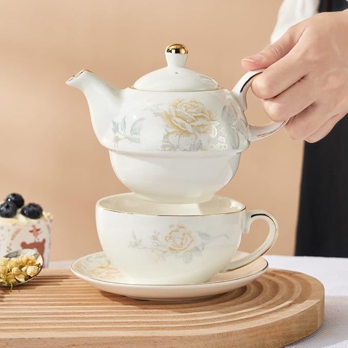 Tea for One Porcelain Teapot and Cup Set, Tea Set for One, Floral Teapot, Gold Rose Tea Set Gift for Women