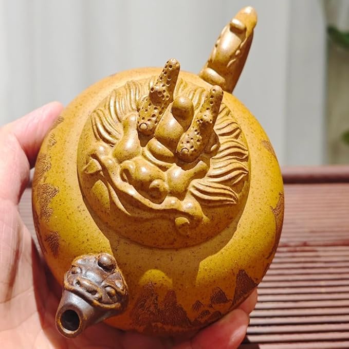 Genuine Yixing Clay Teapot 12 Oz, Chinese Handmade Golden Yellow Clay Zisha Tea Pot,Infuse Brew Kung Fu Tea Maker -Dragon