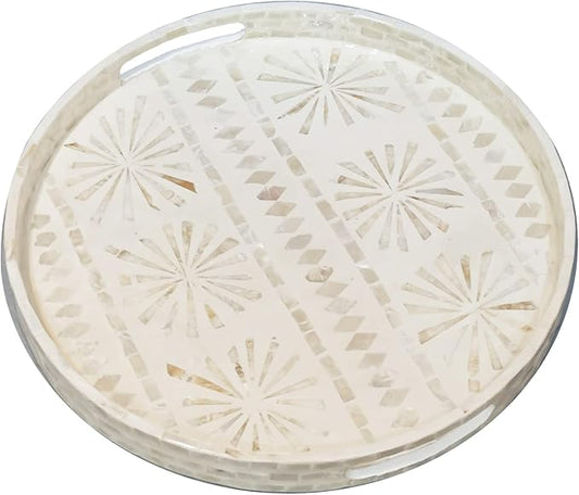 i-lan 18-Inch Round Mother of Pearl Inlay Serving Tray – White Decorative Coffee Table Tray with Handles for Food, Catering, Display & Home Décor (XXL)