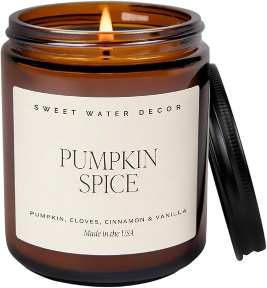 Sweet Water Decor Pumpkin Spice Candle - Fall Candles with Pumpkin, Clover, Cinnamon & Vanilla Scent for Home - Autumn Candle with 40 Hours Burn Time - 9Oz Black Lid Amber Jar Pumpkin Soy Candles