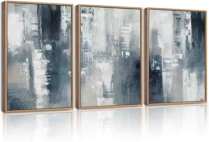 KUVIOKE Navy Blue and Gray Abstract Framed Canvas Wall Art Brush Strokes Block Shape Pastel Wall Decor Modern Minimalist Art Painting for Bedroom Dining Room 12x16in (Natural Framed)