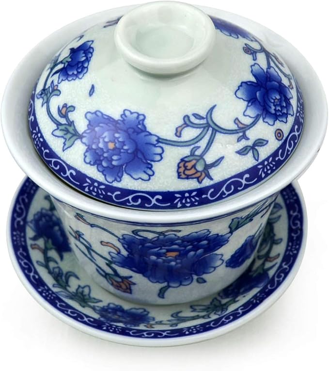 Gaiwan 5.5oz Chinese Penoy Teacup Qinghua Porcelain Cup Gongfu Tea Set (Peony)