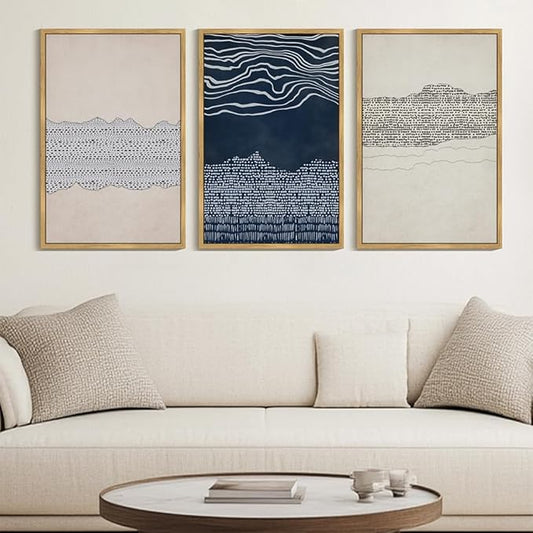 KUVIOKE Navy Blue Abstract Shapes Framed Canvas Wall Art Minimalist Wooden Pastel Boho Wall Decor Modern Neutral Farmhouse Rustic Art Painting for Bedroom Dining Room 24x36in (Natural Framed)