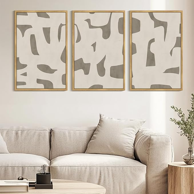 KUVIOKE Bohemain Abstract Framed Wall Art Brown Mid-Century Duotone Minimal Dark Brush Stroke Neutral Modern Minimalist Painting Decorative Artwork 24x36in (Natural Framed)