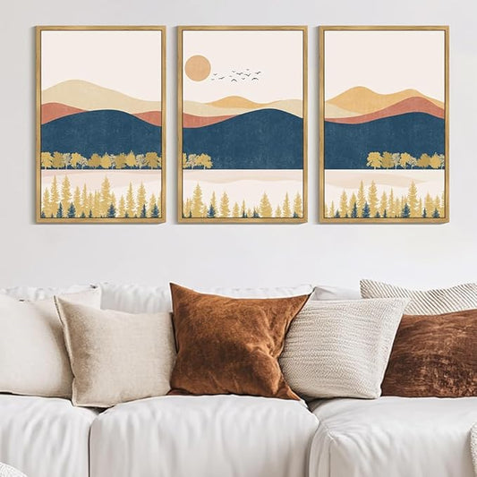 KUVIOKE Bohemain Mountain Landscape Framed Canvas Wall Art Watercolor Nature Artwork Painting Boho Farmhouse Rustic Room Decor for Bedroom Living Room 24x36in (Natural Framed)