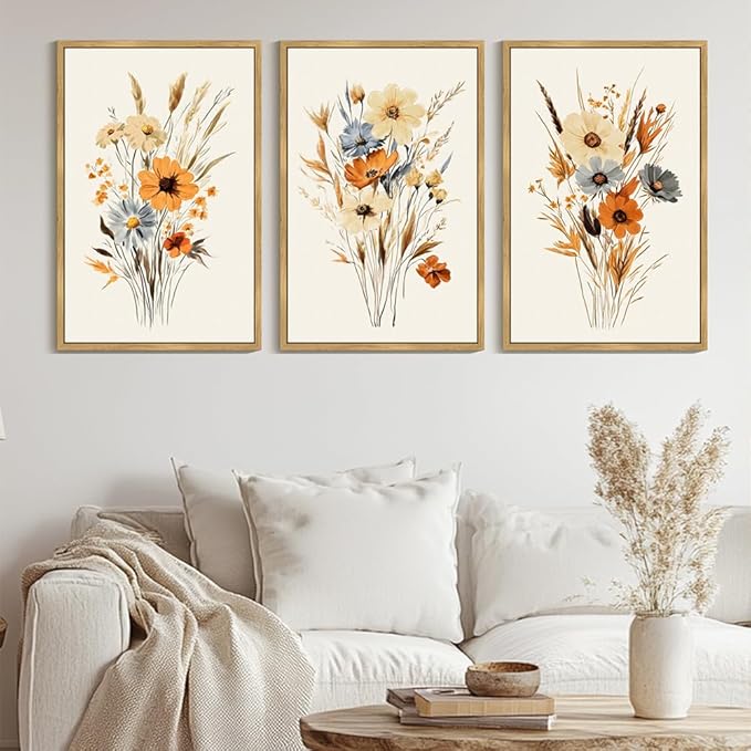 KUVIOKE Vintage Wildflower Bouquet Framed Wall Art Retro Flower Botanical Pictures Illustrations Colorful Floral Hanging Decor 24x36in (Natural Framed)