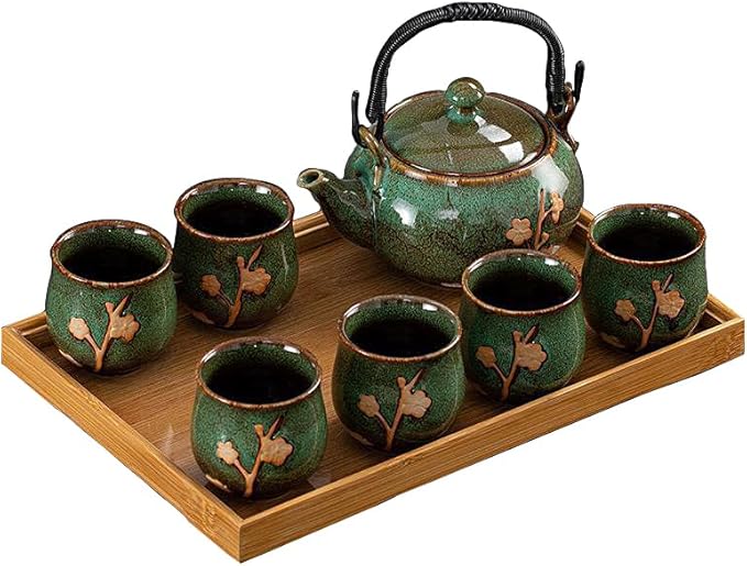 KEYDUACU Japanese Tea Set, Kiln-Formed Ceramic Tea Set, Plum Blossom Embossed, Includes 1 Teapot, 6 Teacups,Tea Tray,Strainer, Used for home, outdoor, gift, Chinese Kung Fu Tea Set(FDMH-GREEN)