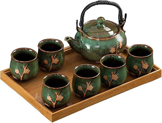 KEYDUACU Japanese Tea Set, Kiln-Formed Ceramic Tea Set, Plum Blossom Embossed, Includes 1 Teapot, 6 Teacups,Tea Tray,Strainer, Used for home, outdoor, gift, Chinese Kung Fu Tea Set(FDMH-GREEN)