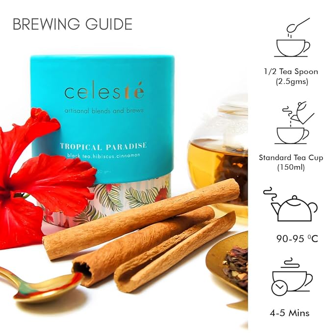 CelesTe Tropical Paradise, Hibiscus Tea Loose Leaf - Premium Blend with Hibiscus Flower and Cinnamon | 100% Natural Loose Leaf Black Tea (1.76 oz) (50 gm) (25 Cups)