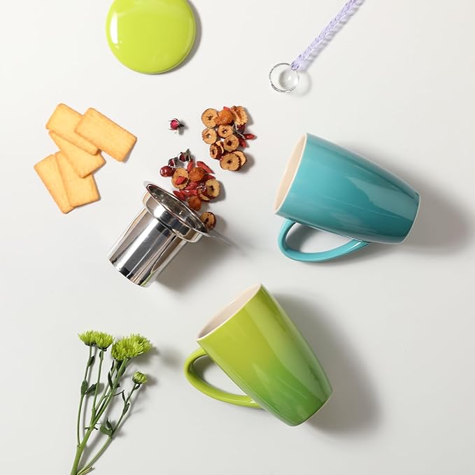 Sweejar Porcelain Tea Infuser Mug with Lid, 16 oz Teacup with Strainers for Loose Leaf Tea, Microwave and Dishwasher Safe Coffee Mug(Cerulean Lotus)