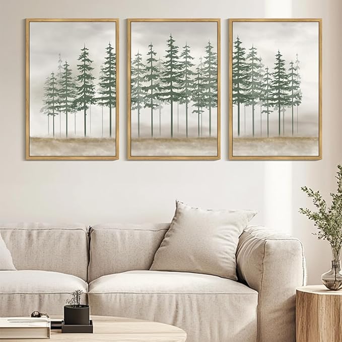 KUVIOKE Green Foggy Misty Pine Tree Framed Canvas Wall Art Watercolor Nature Abstract Forest Wall Decor Rustic Minimalist Painting for Bedroom Dining Room 24x36in (Natural Framed)