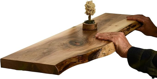 EccaShelf Rustic Live Edge Floating Shelves for Wall, Solid Wood Floating Shelf for Room, Natural Wood Wall Shelves for Bathroom, Floating Real Walnut Wood Shelf (27'' x 10'')