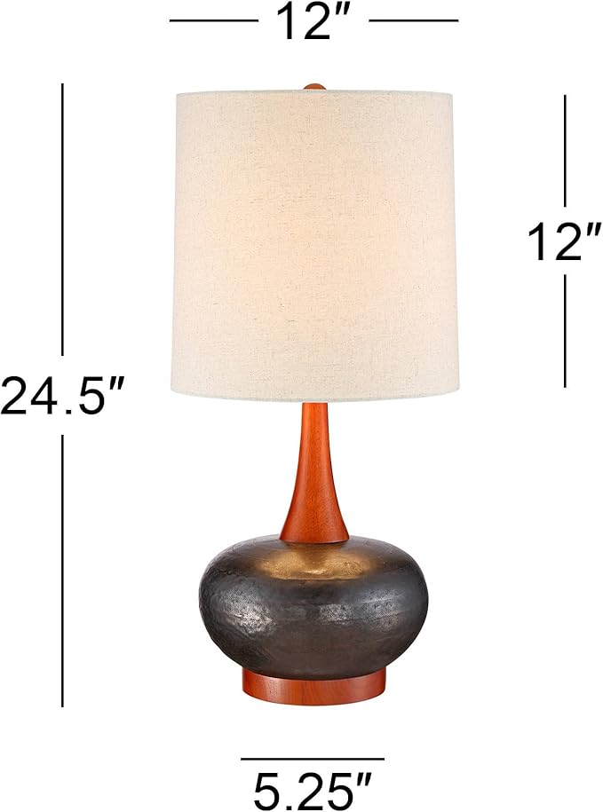 360 Lighting Andi Mid Century Modern Table Lamps 24 1/2" Tall Set of 2 Brown Hammered Ceramic Red Oak Wood Off-White Fabric Shade for Bedroom Living Room Bedside Nightstand House Home Office