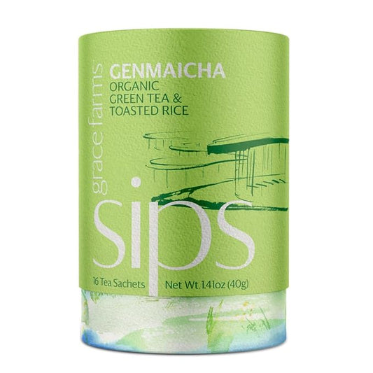 Grace Farms Organic GENMAICHA Green Tea (16 pyramid sachets) | Japanese Sencha and Toasted Rice | Smooth and Nutty | Organic and Kosher Certified | Gives Back 100% of Profits