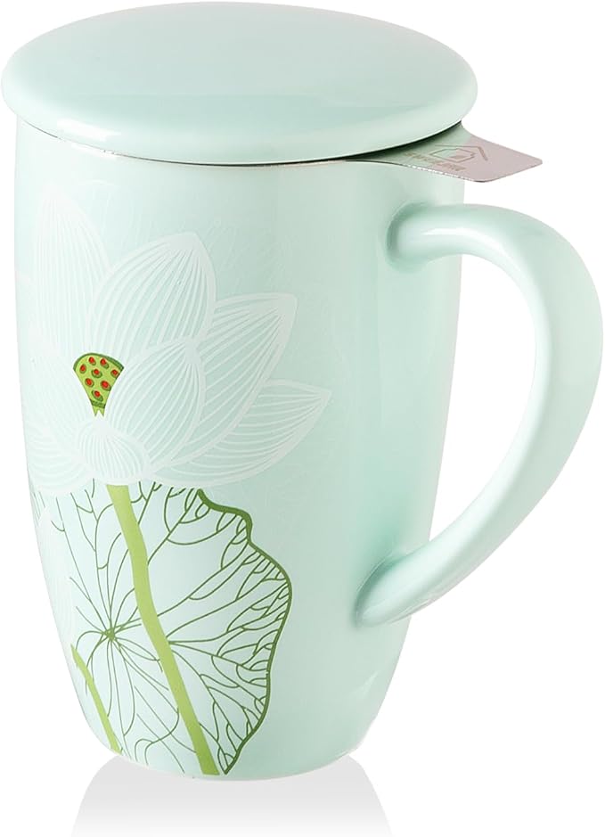 Sweejar Porcelain Tea Infuser Mug with Lid, 16 oz Teacup with Strainers for Loose Leaf Tea, Microwave and Dishwasher Safe Coffee Mug(Cerulean Lotus)