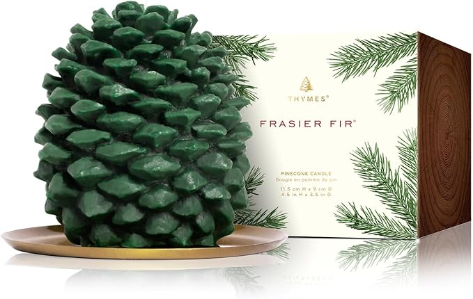 Thymes Frasier Fir Scented Candles for Home Decor - Green Pillar Candles for Women & Men - Place on Candle Holder - Luxury Home Fragrance Gifts (Molded Pinecone Pillar)