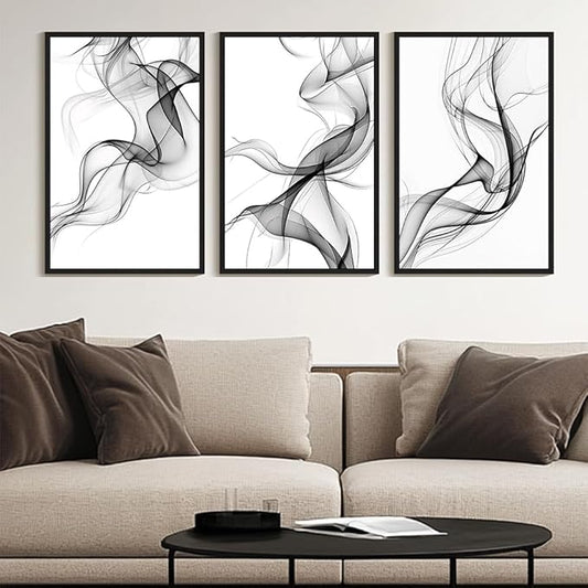 KUVIOKE Black White Abstract Framed Canvas Wall Art Ink Wash Pastel Wall Decor Modern Transparent Fog Illustration Art Painting for Bedroom Dining Room 24x36in (Black Framed)