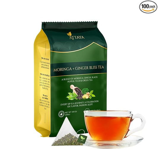 Attaya Moringa Ginger Bliss Tea – 100 Pyramid Bags | Antioxidant Superblend for Energy, Metabolism & Immunity | Moringa • Ginger • Tulsi • Black Pepper • Green Tea
