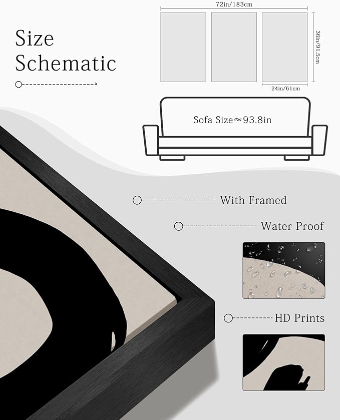 KUVIOKE Black Abstract Framed Wall Art Ink Wash Minimalist Lines Canvas Painting Artwork for Bedroom Hallway 24x36in (Black Framed)