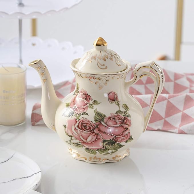 YOLIFE Porcelain Tea Set Vintage Rose, Tea Cups with Teapot, Serving Tray and Teaspoon Service for 4, Suitable for Tea Party Gifts