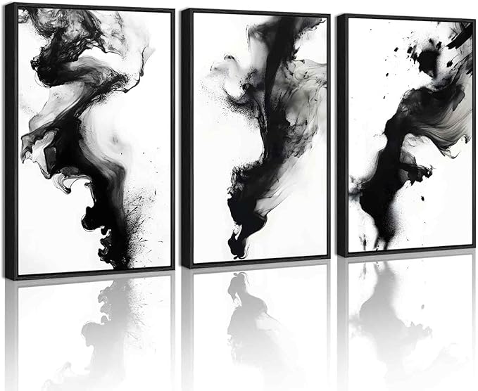 KUVIOKE Black White Abstract Framed Canvas Wall Art Ink Wash Pastel Wall Decor Modern Rendering Illustration Art Painting for Bedroom Dining Room 16x24in (Black Framed)