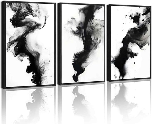 KUVIOKE Black White Abstract Framed Canvas Wall Art Ink Wash Pastel Wall Decor Modern Rendering Illustration Art Painting for Bedroom Dining Room 16x24in (Black Framed)