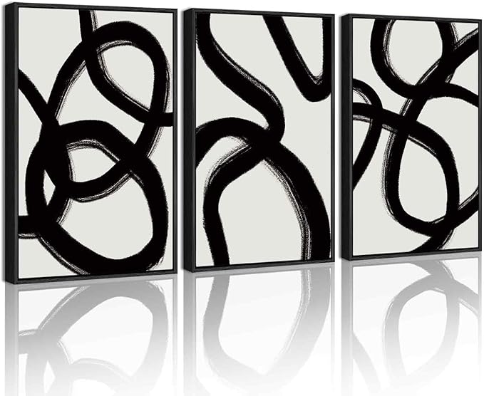 KUVIOKE Black and White Abstract Framed Wall Art Ink Wash Minimalist Lines Painting Artwork for Bedroom Hallway 16x24in (Black Framed)