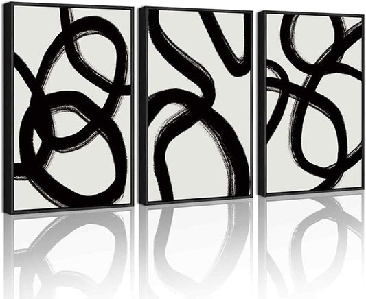 KUVIOKE Black and White Abstract Framed Wall Art Ink Wash Minimalist Lines Painting Artwork for Bedroom Hallway 16x24in (Black Framed)
