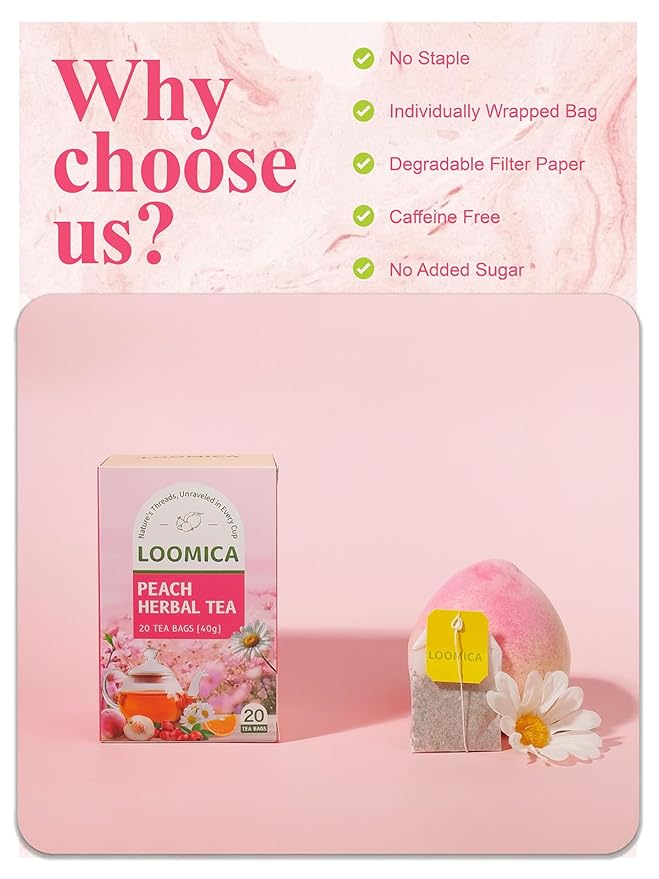 LOOMICA Peach Herbal Tea, Caffeine-Free, Peach Tea Bags with Rosehip, Hibiscus, Chamomile & Orange Peel, Naturally Balanced Sweet & Tangy, Refreshing Fruity Herbal Blend, No Artificial Sugar, 20 Counts (Pack of 2)