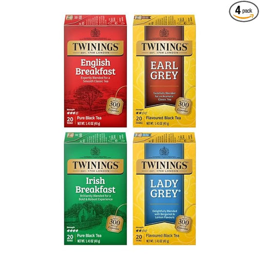 Twinings Variety Pack Black Tea Bags, 20 Count (Pack of 4), Includes English Breakfast, Earl Grey, Irish Breakfast, and Lady Grey, Caffeinated, Enjoy Hot or Iced, 80 Teabags