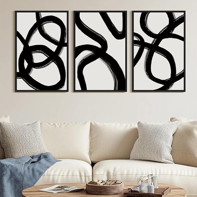 KUVIOKE Black and White Abstract Framed Wall Art Ink Wash Minimalist Lines Painting Artwork for Bedroom Hallway 24x36in (Black Framed)
