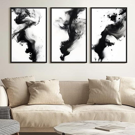 KUVIOKE Black White Abstract Framed Canvas Wall Art Ink Wash Pastel Wall Decor Modern Rendering Illustration Art Painting for Bedroom Dining Room 24x36in (Black Framed)