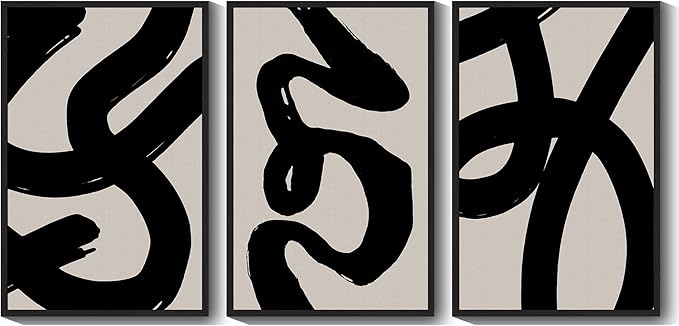 KUVIOKE Black Abstract Framed Wall Art Ink Wash Minimalist Lines Canvas Painting Artwork for Bedroom Hallway 24x36in (Black Framed)
