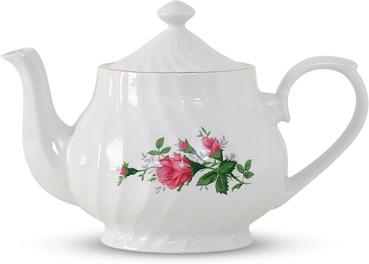 Lynns Porcelain Vintage Teapot with Embossed Swirls 37oz Tea Pot Classic White Tea Set for Parties & Celebrations Ideal Teapot for Tea Cups & Saucers Perfect for Tea Parties - Vintage Rose