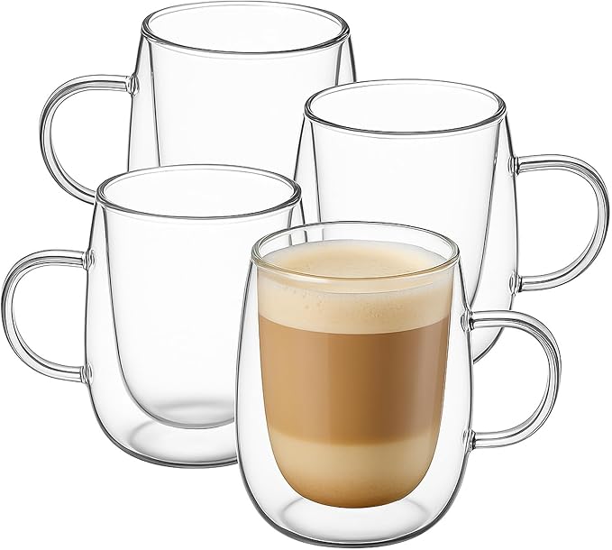 Glass Coffee Cups Set of 4, 13oz Double Walled Glass Mugs with Handles, Clear Insulated Coffee Mug Espresso Cups, Cappuccino Latte Tea Cups Set, Heat Resistant Borosilicate Clear Glasses