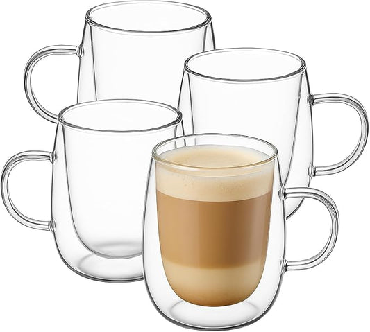 Glass Coffee Cups Set of 4, 13oz Double Walled Glass Mugs with Handles, Clear Insulated Coffee Mug Espresso Cups, Cappuccino Latte Tea Cups Set, Heat Resistant Borosilicate Clear Glasses