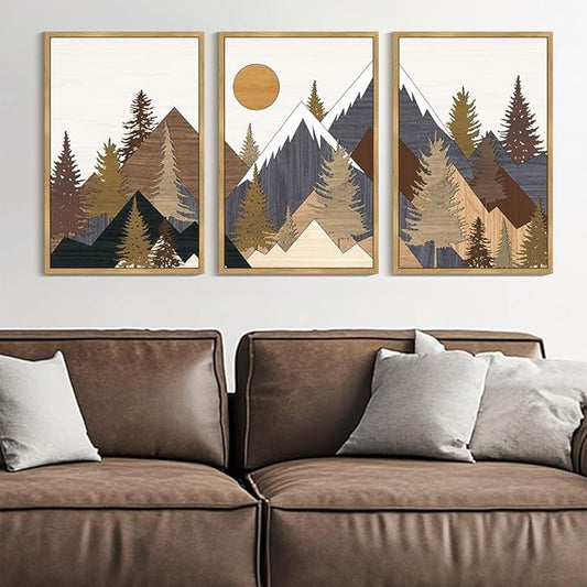 KUVIOKE Morden Boho Mountains Framed Canvas Wall Art Pine Tree Forest Nature Landscape Artwork Painting Bohemain Farmhouse Rustic Room Decor for Bedroom Living Room 24x36in (Natural Framed)