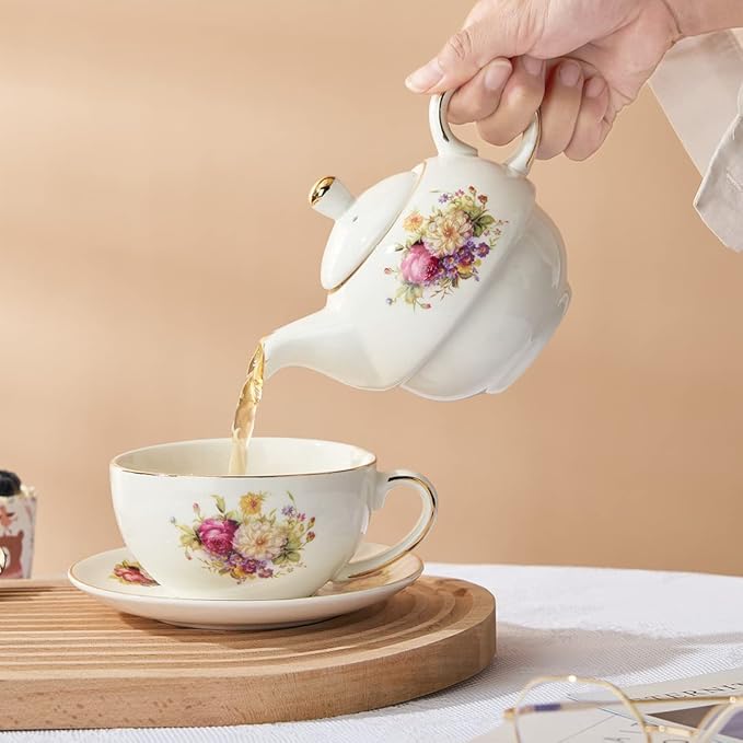 European Porcelain Tea for One, Vintage Floral Teapot and Saucer Set, Gold Trim Floral Teapot, Tea Cup with Saucer Set