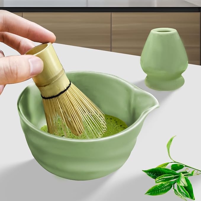 5 in 1 Japanese Matcha Set, Matcha Bowl with Spout, Matcha Whisk Holder, Bamboo Matcha Whisk and Bamboo Scoop, 16 oz Mottled Tea Green Glaze Ceramic Matcha Kit for Tea Lovers (Green)