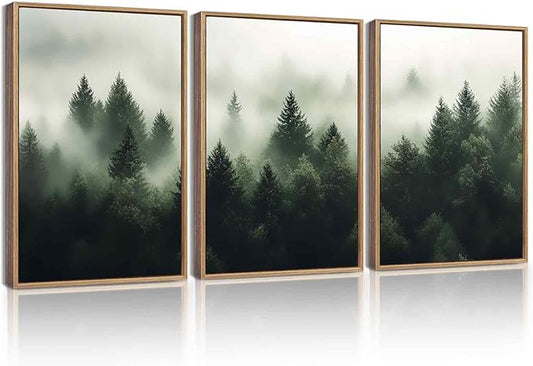 KUVIOKE Morden Green Fog Pine Tree Framed Canvas Wall Art Nature Nordic Forests Artwork Painting Bedroom Decor 12x16in (Natural Framed)