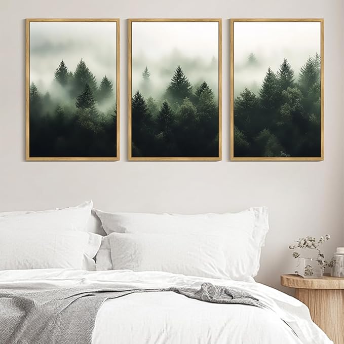 KUVIOKE Morden Green Fog Pine Tree Framed Canvas Wall Art Nature Nordic Forests Artwork Painting Bedroom Decor 24x36in (Natural Framed)