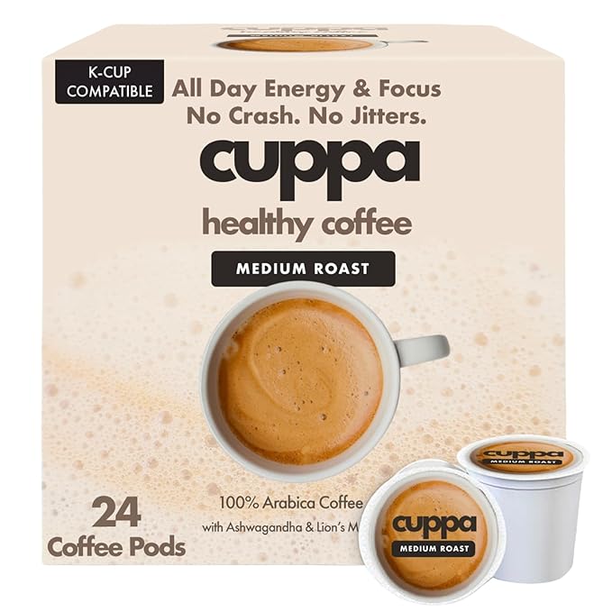 Cuppa Healthy Mushroom Coffee Single Serve Pods (K-Cups) with Lion's Mane & Ashwagandha for All Day Energy & Focus - No Crash or Jitters - Nootropics for Brain Health, Gut Health, Immunity, Stress, Memory + Mood - 24 Servings