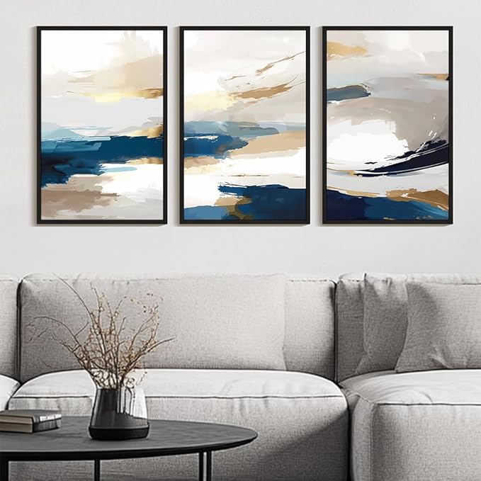 KUVIOKE Navy Blue Abstract Framed Canvas Wall Art Graffiti Shape Pastel Wall Decor Modern Minimalist Art Painting for Bedroom Living Room 24x36in (Black Framed)