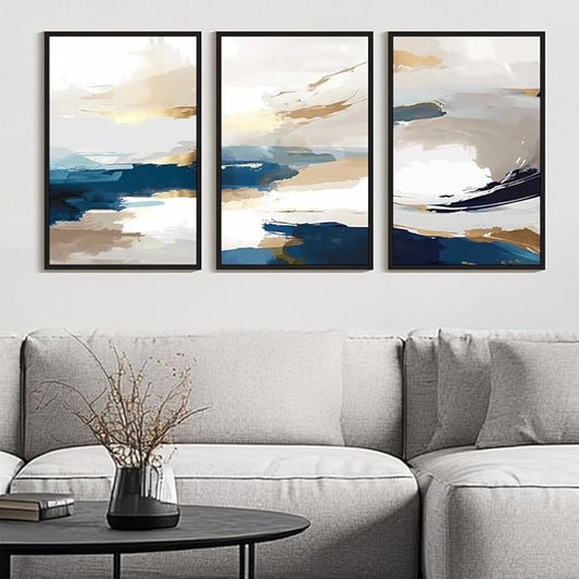 KUVIOKE Navy Blue Abstract Framed Canvas Wall Art Graffiti Shape Pastel Wall Decor Modern Minimalist Art Painting for Bedroom Living Room 24x36in (Black Framed)