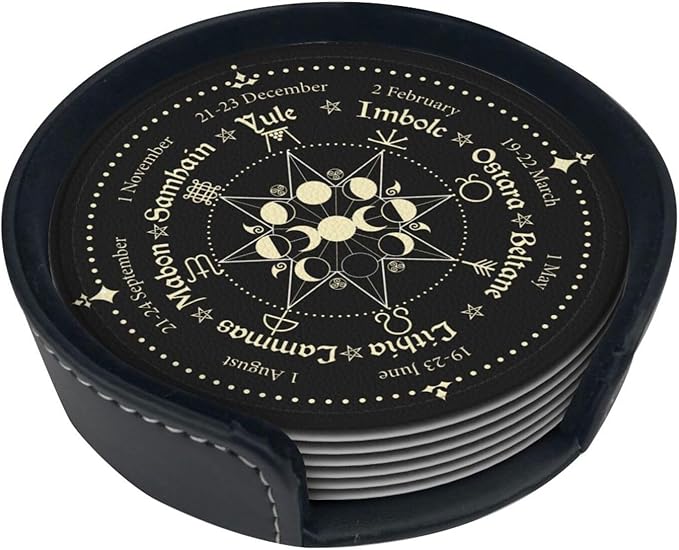 Mystic Witchy Leather Drinks Coasters with Holder, Set of 6, Suitable for Various Cups