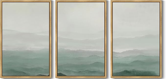 KUVIOKE Green Watercolor Mountains in Fog Framed Canvas Wall Art Wilderness Nature Landscape Artwork Painting Boho Rustic Scenic Relax Cool Room Decor for Bedroom Living Room 24x36in (Natural Framed)