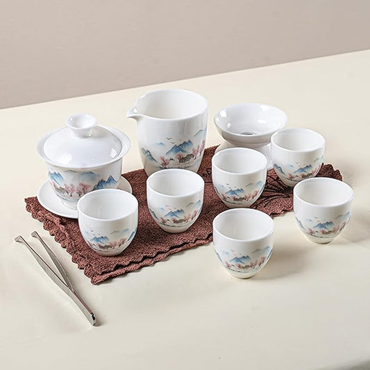 KEYDUACU Gaiwan Chinese Gongfu Tea Set，Asian Adult White Ceramic Tea Set, 6 Cups Suitable for Small Gatherings, Home and Office,Gift Giving(Home-Wild Goose)